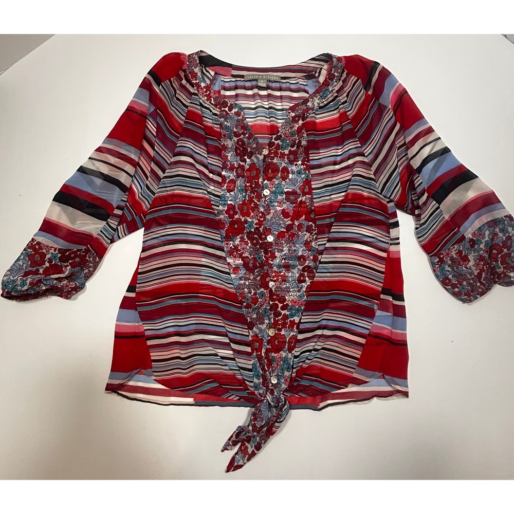 Valerie Stevens Red Striped Floral Tie Front Blouse Women's Medium Top